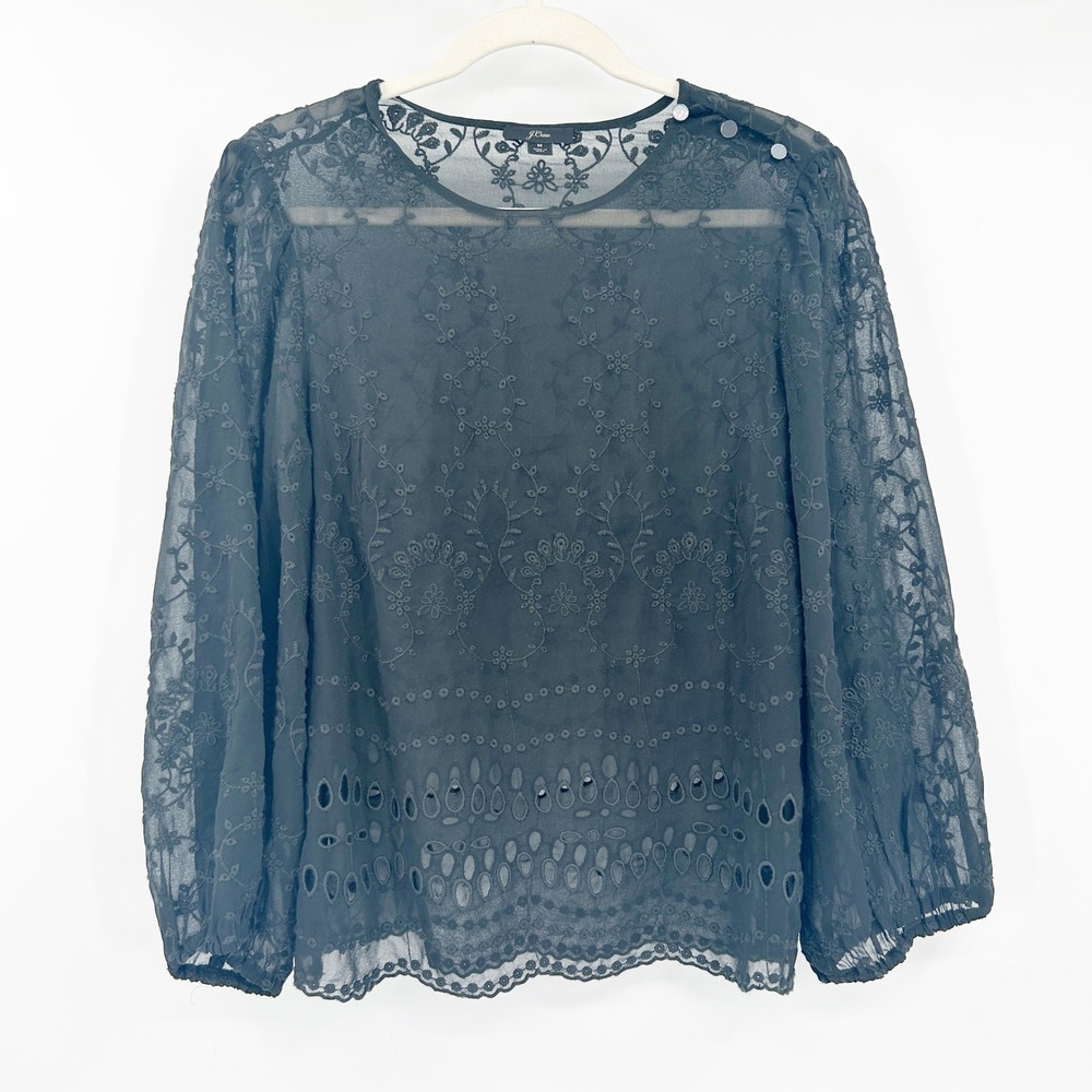 J. Crew Black Dark Witchy‎ Whimsigoth Floral Embroidered Eyelet Sheer Blouse M